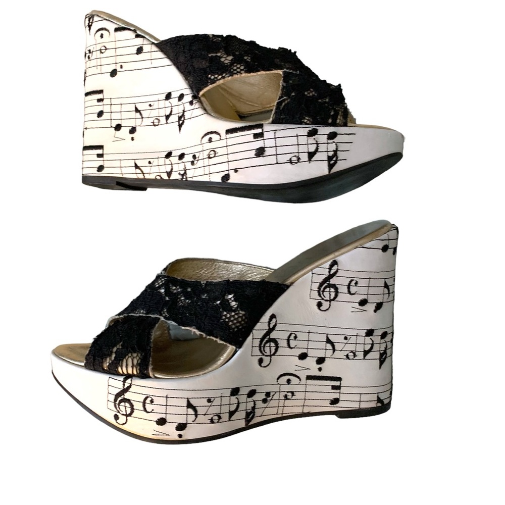 Italian Made Amaranti white embroidered sheet music notes wedge sandal heel shoe
